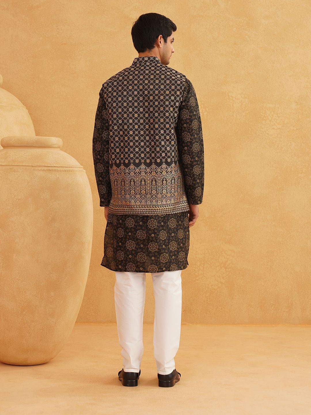 SOJANYA Floral Printed Mandarin Collar Kurta With Churidar And Nehru Jacket