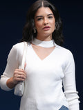 Tokyo Talkies Women Ribbed Choker Neck Pullover