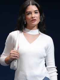 Tokyo Talkies Women Ribbed Choker Neck Pullover