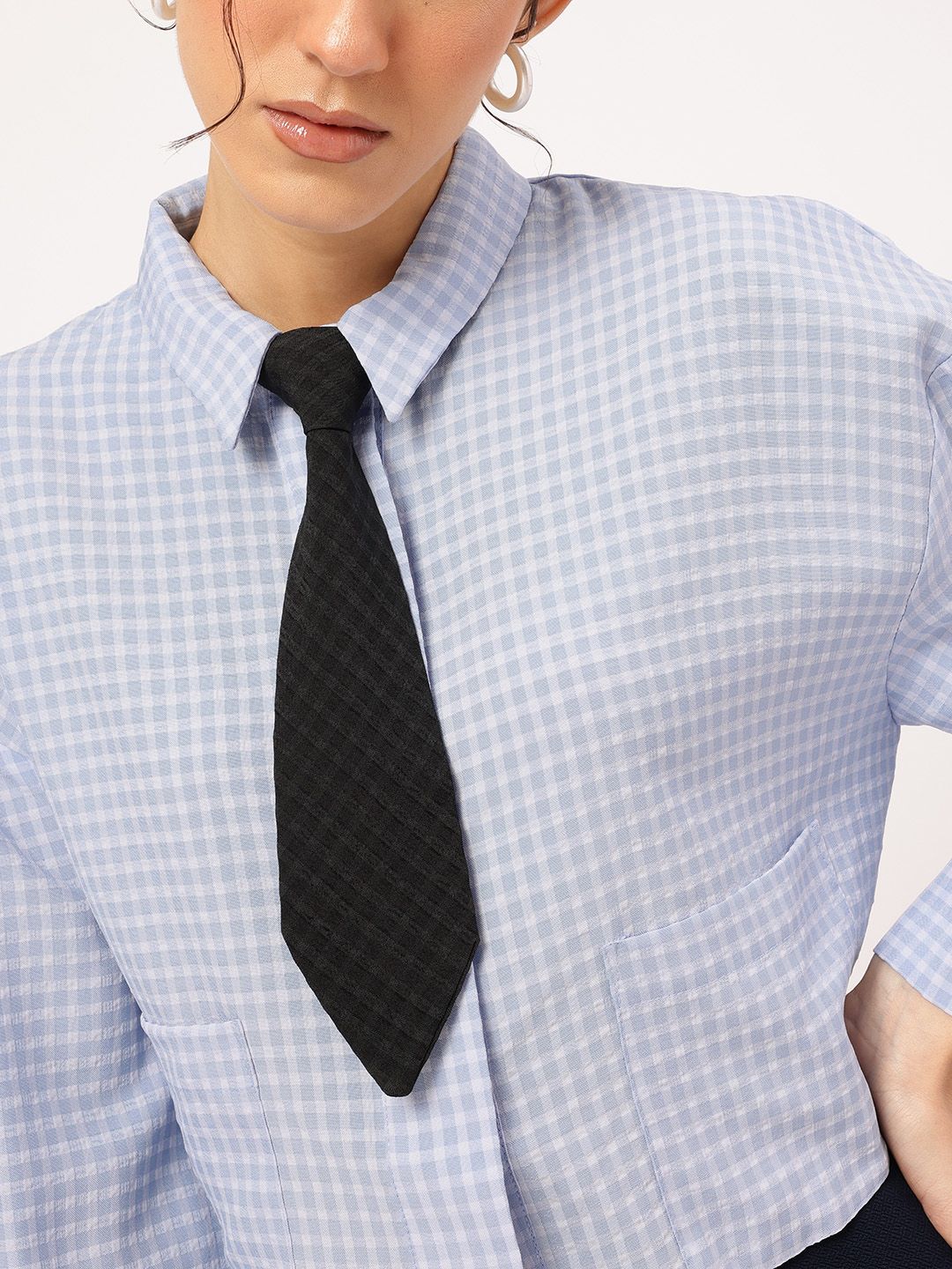 DressBerry Minimal Muse Checked Seersucker Shirt with Tie