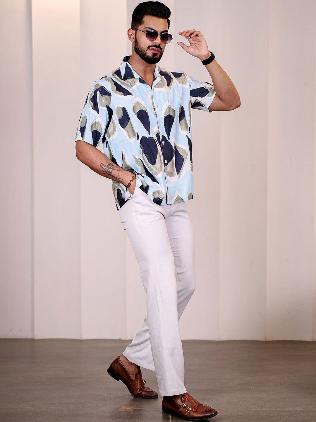 Eszett Men Abstract Printed Cuban Collar Casual Shirt