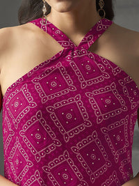 Anouk Fuchsia Bandhani Printed Halter Neck Straight Kurta