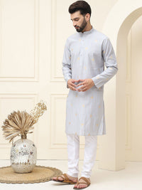 SOJANYA Geometric Woven Design Mandarin Collar Silk Cotton Straight Kurta dengan Piyama