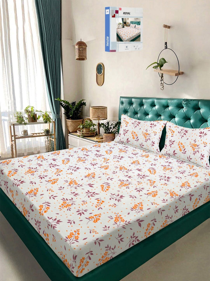 KLOTTHE White Floral Polycotton 300 TC King Fine Bedsheet dengan 2 Sarung Bantal-98 x 89 inci