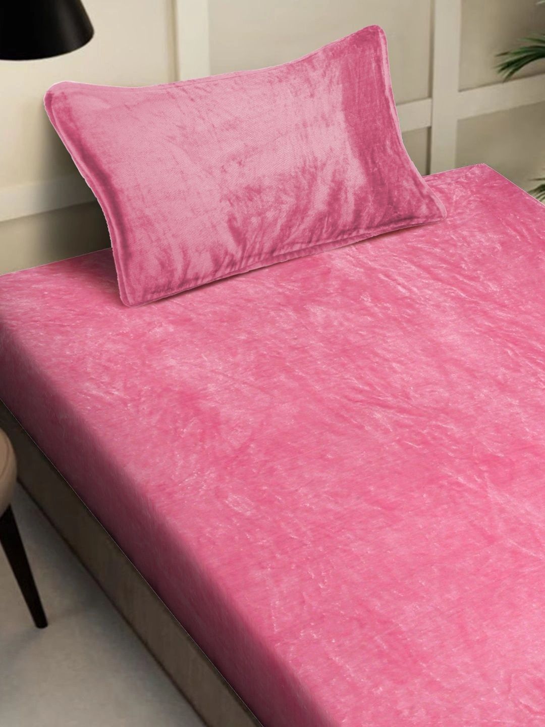 Myntra Elegant Homes Pink Solid Fitted 300 TC Wool Bedsheet Single dengan 1 Sarung Bantal