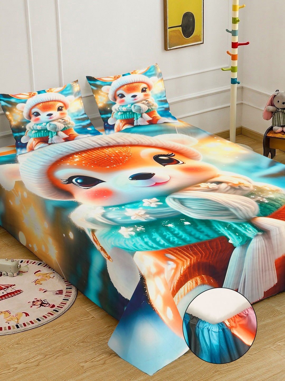 Green & White Cartoon Printed Fitted 400 TC King Double 7D Bedsheet With 2 Pillow Cover