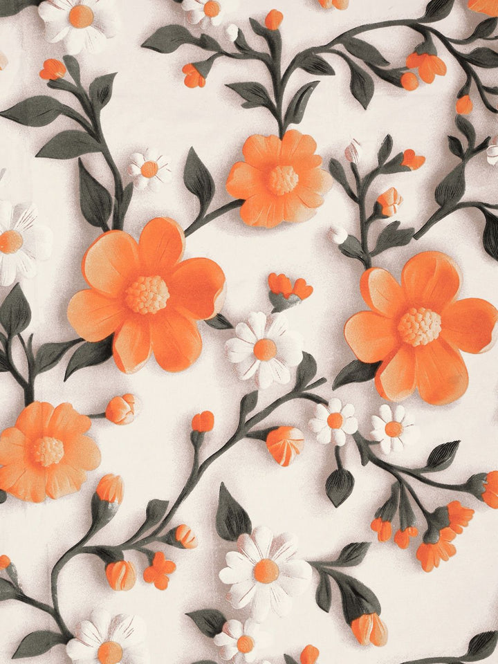 KLOTTHE Cream Floral Printed Dilengkapi 300 TC Double King 7D Cadar & 2 Sarung Bantal