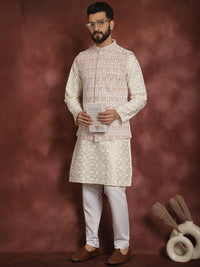Anouk Men Floral Embroidered Thread Work Straight Kurta With Pyjama & Nehru Jacket