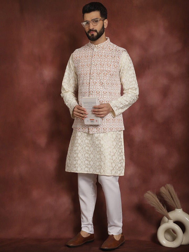 Anouk Men Floral Embroidered Thread Work Straight Kurta With Pyjama & Nehru Jacket