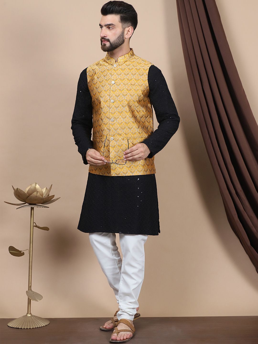 Anouk Black Geometric Embroidered Sequinned Pure Cotton Straight Kurta with Churidar