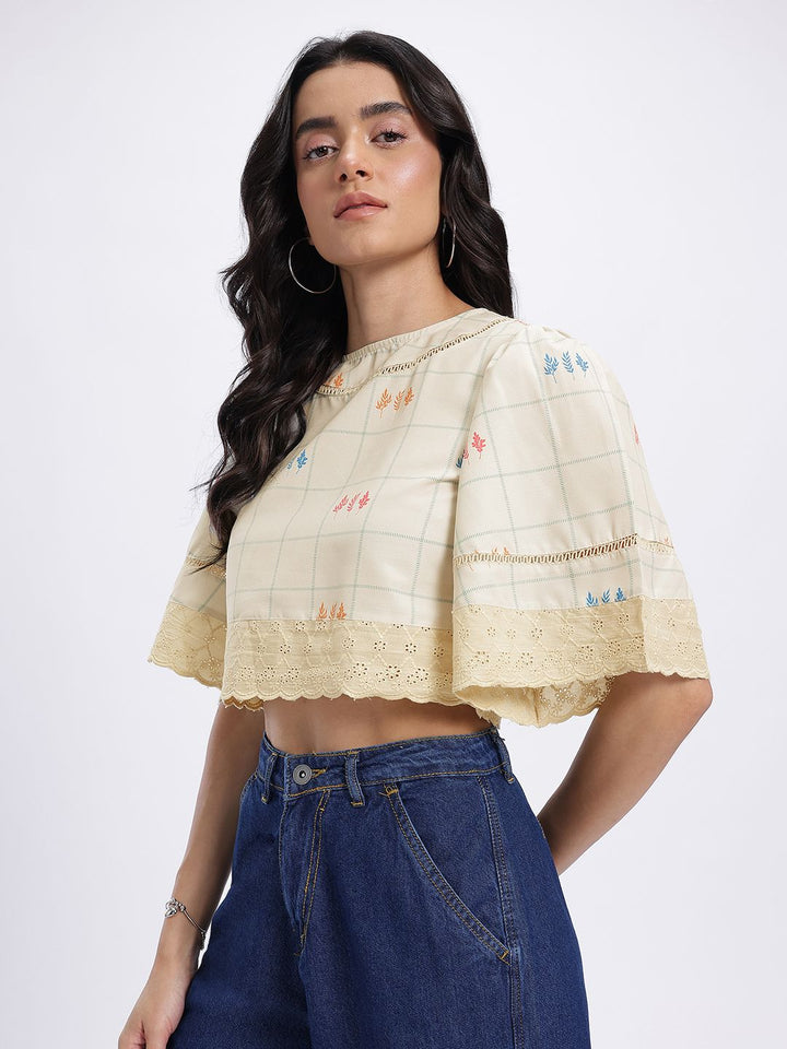 DressBerry Checked Lace Inserts Flared Sleeves Crop Top with Floral Prints