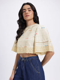DressBerry Checked Lace Inserts Flared Sleeves Crop Top with Floral Prints