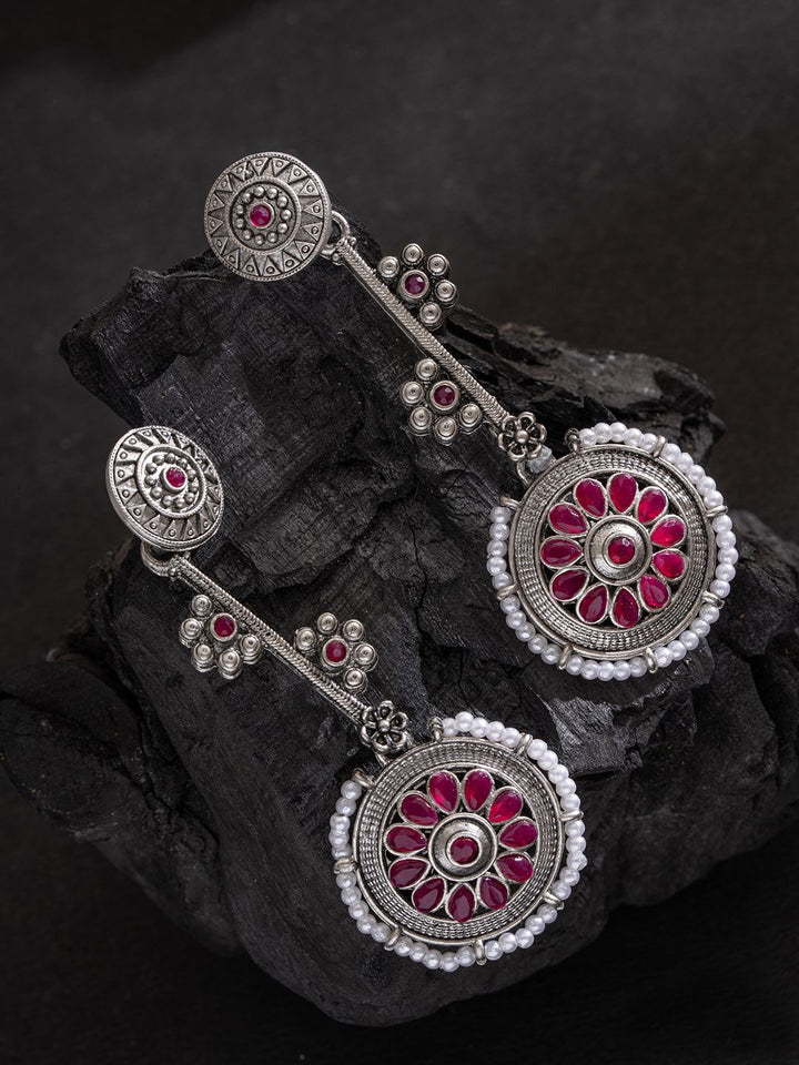 PANASH Silver-Plated Stones Studded Contemporary Shaped Oxidized Drop Earrings