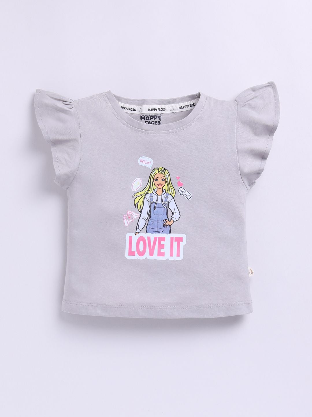 Happy Faces Kids Girls Barbie Printed Flutter Sleeve Pure Cotton Top