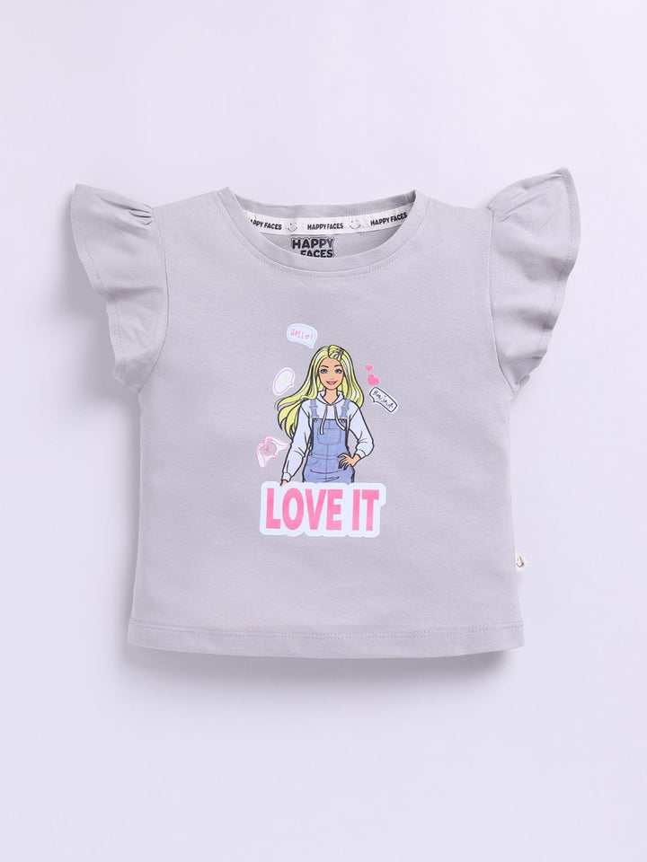 Happy Faces Kids Girls Barbie Printed Flutter Sleeve Pure Cotton Top
