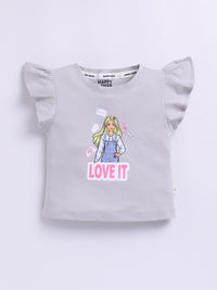 Happy Faces Kids Girls Barbie Printed Flutter Sleeve Pure Cotton Top