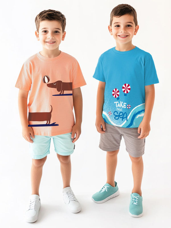 Nauti Nati Casual Outdoor Boys Pack Of 2 Graphic Printed Antimicrobial Cotton T-Shirts