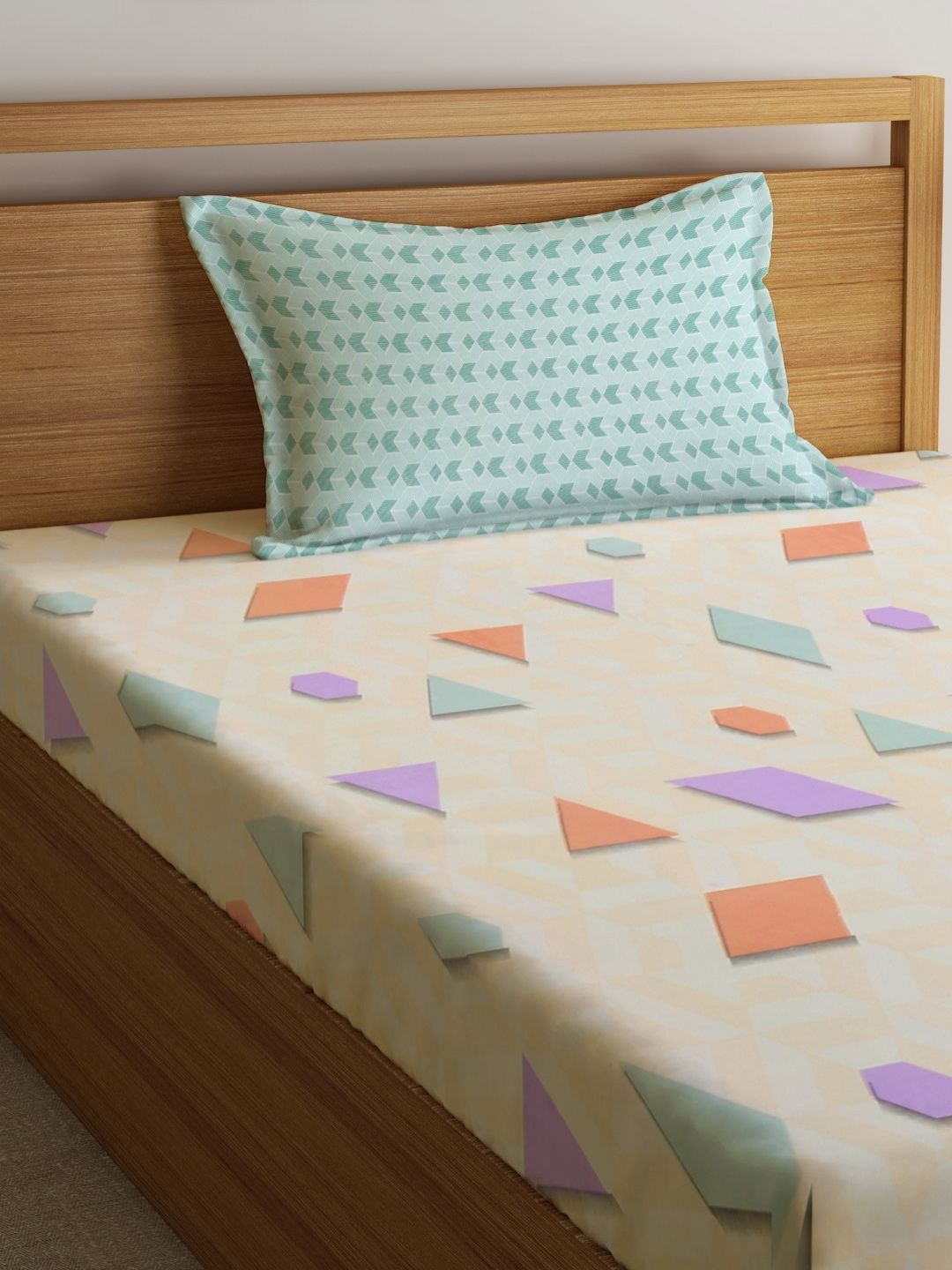 Myntra Elegant Homes Beige Geometric Cotton 300 TC Single Fine Bedsheet with a Pillow Cover-87 x 59 inches