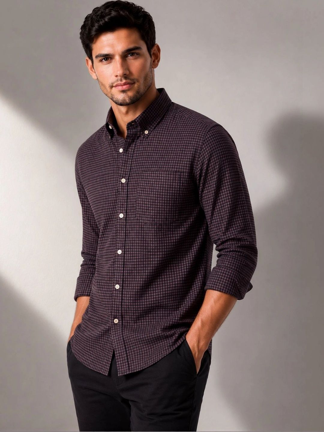 ADRO Men Standard Micro Checks Baju Kasual Berpetak