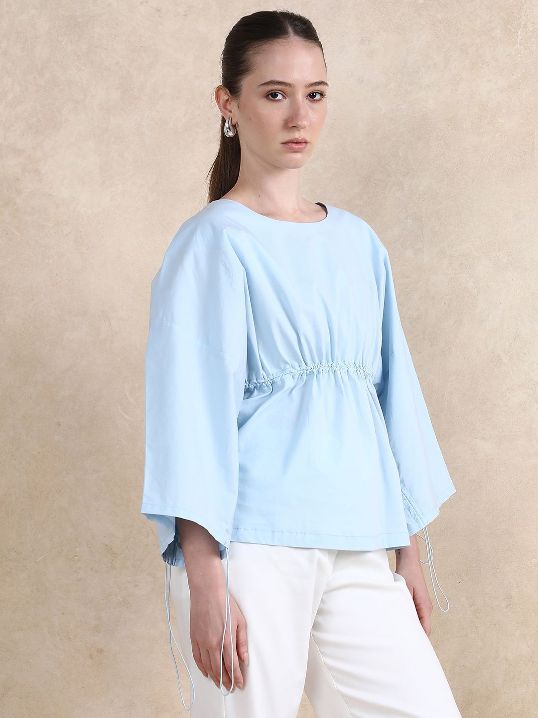 RAREISM Women Flared Sleeves Cotton Cinched Waist Top