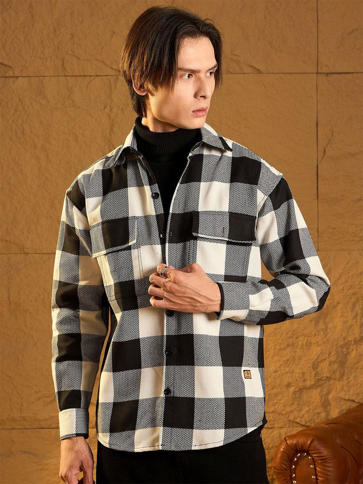 DENNISON Men Double Pocket Drop Shoulder Oversized Cotton Checked Shacket