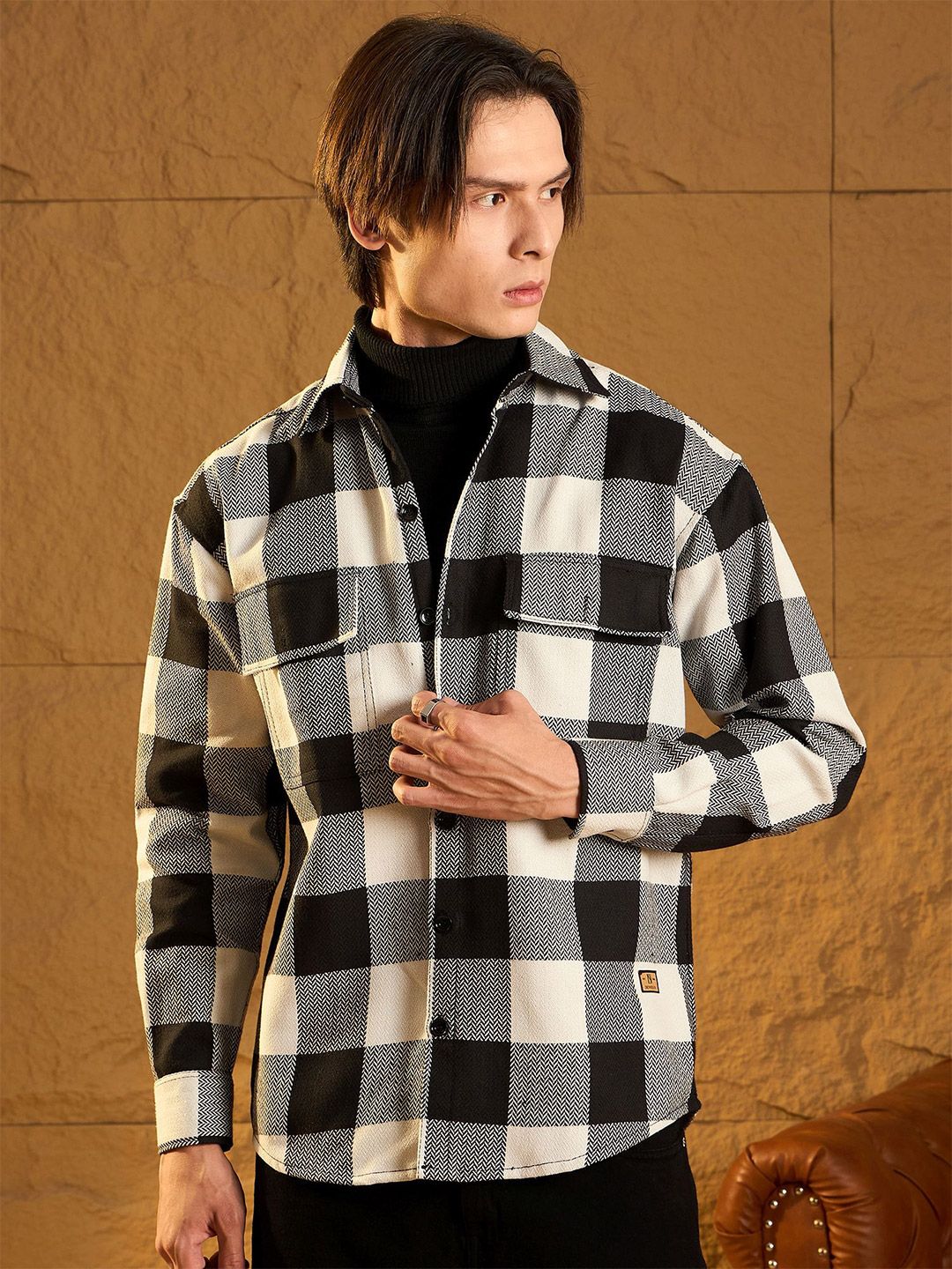 DENNISON Men Double Pocket Drop Shoulder Oversized Cotton Checked Shacket