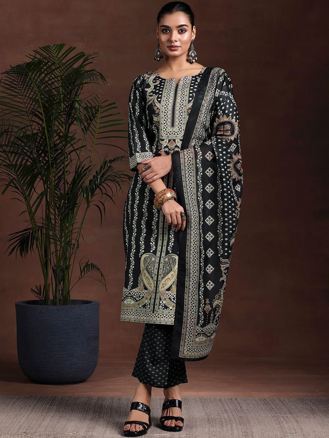 Libas Floral Printed Notched Neck Straight Kurta With Trousers & Dupatta