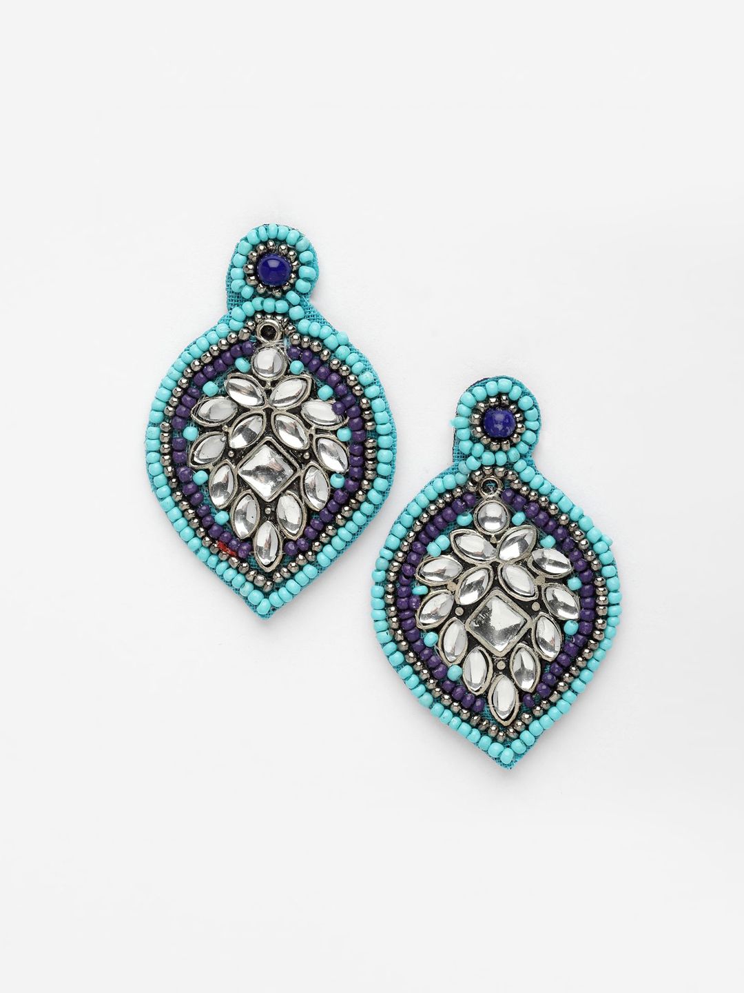 DressBerry Silver-Plated Contemporary Stone Studded & Beaded Drop Earrings