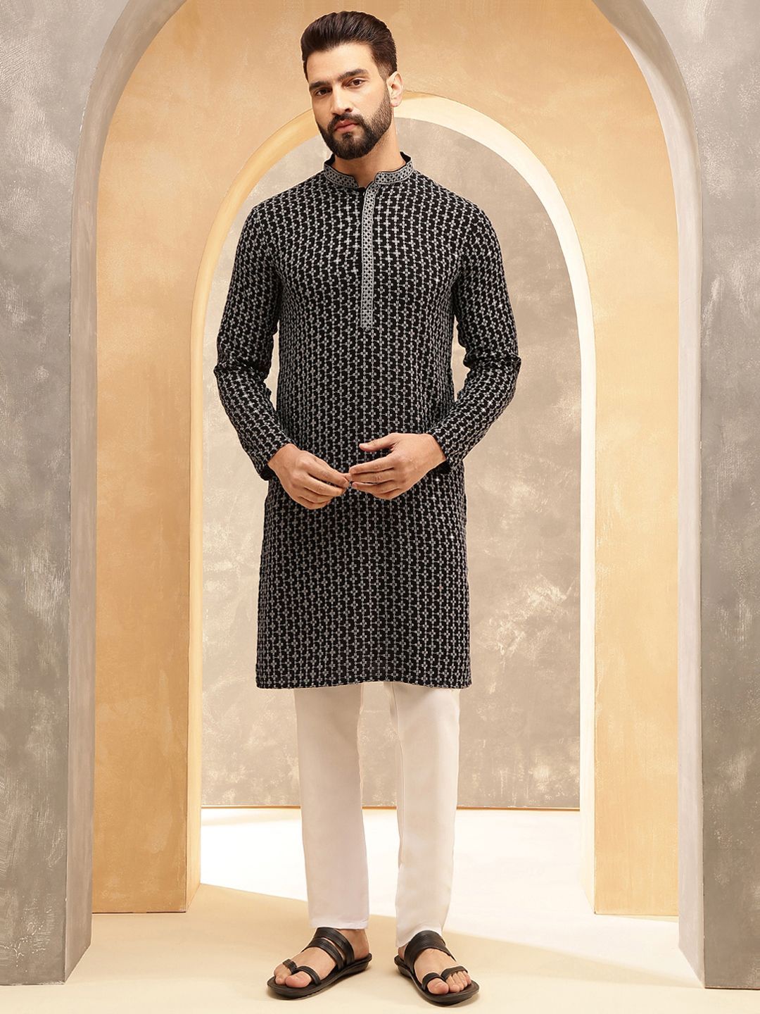 Anouk Grey Floral Embroidered Mandarin Collar Sequinned Pure Cotton Kurta With Pyjama