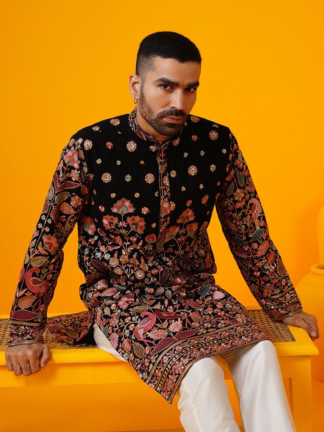 SOJANYA LUXE Sulam Bunga Labuci Mandarin Kolar Lurus Georgette Kurta
