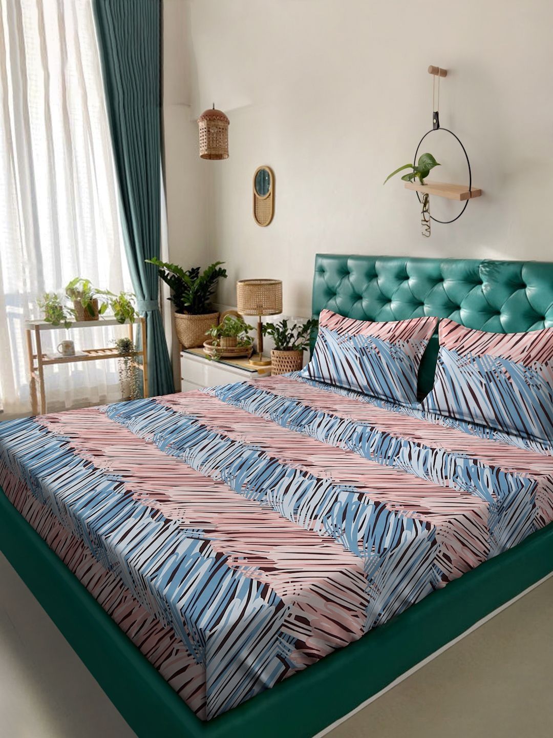 Myntra Elegant Homes Multicolor 300 TC Super King Double Bedsheet dengan 2 Sarung Bantal