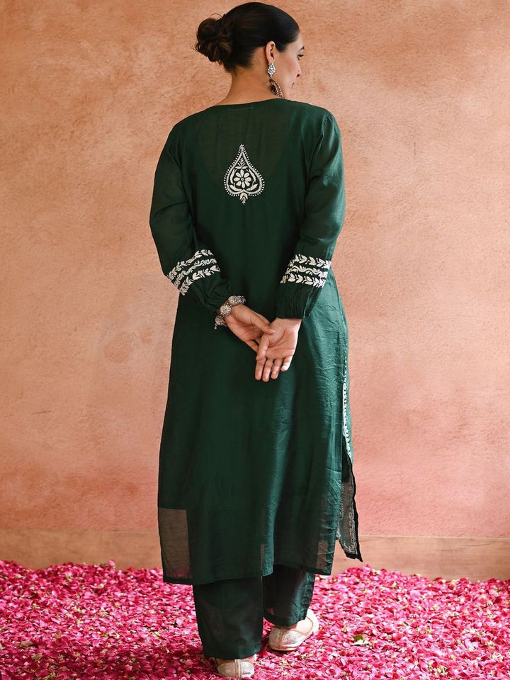 House of Chikankari Women Bottle Green Chanderi Chikankari Embroidered Kurta Set