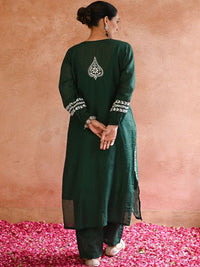 House of Chikankari Women Bottle Green Chanderi Chikankari Embroidered Kurta Set