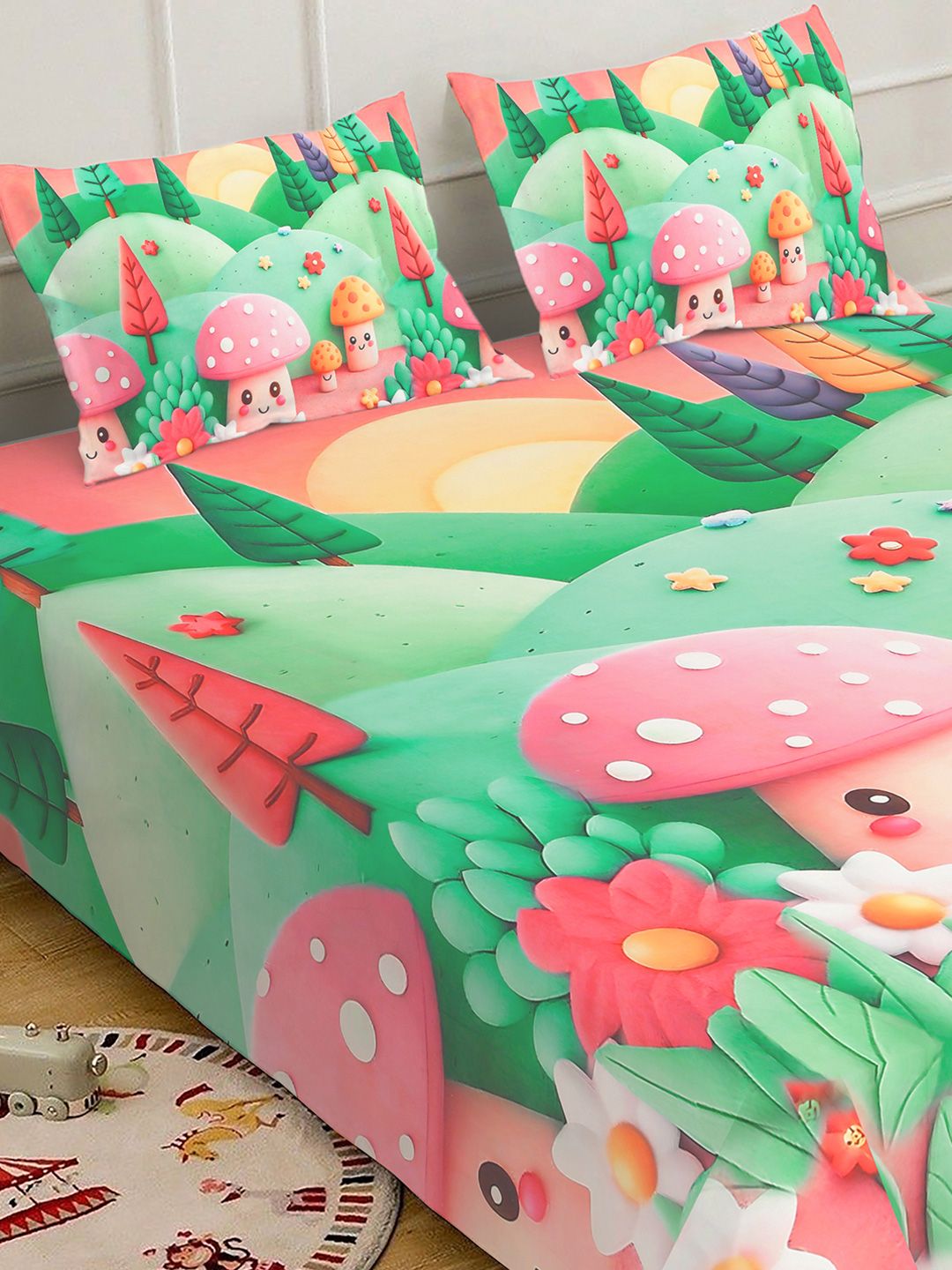 Green & Pink Cartoon Printed Fitted 7D 400 TC Double King Bedsheet With 2 Pillow Cover