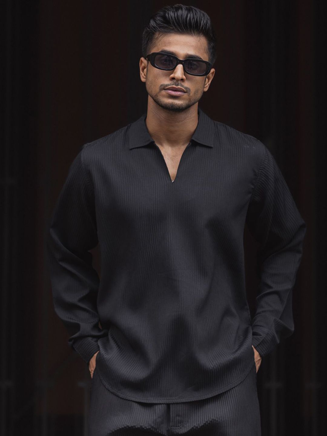 Powerlook Self Design Polo Collar Long Sleeves T-Shirt With Trouser