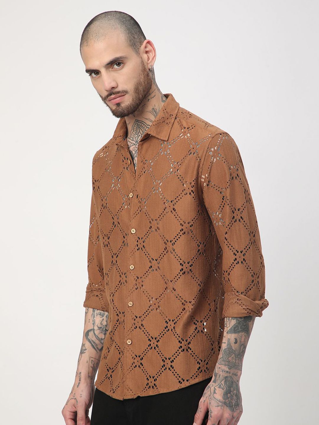 VASTRADO Men Classic Slim Fit Spread Collar Textured Cotton Casual Shirt
