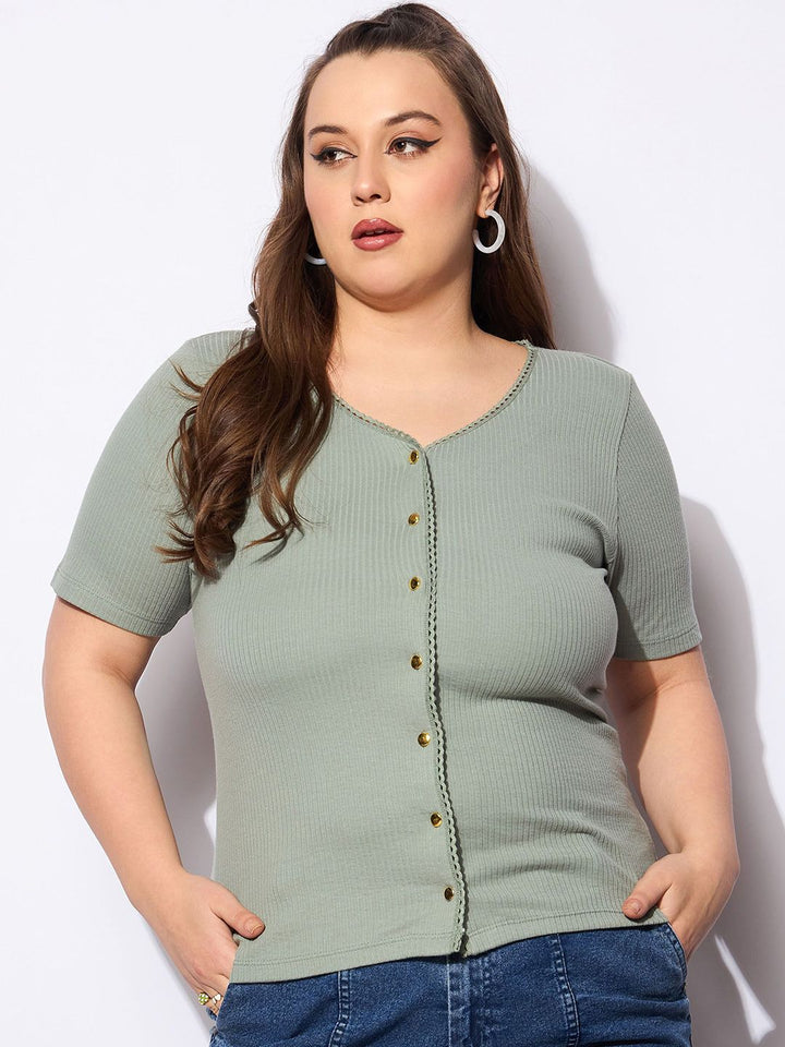 SASSAFRAS Curve Women Ribbed Ribbed V-Neck Top