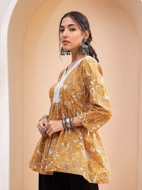 Shae by SASSAFRAS Floral Printed V-Neck Gotta Patti Pure Cotton Gotta Patti Pleated Kurti
