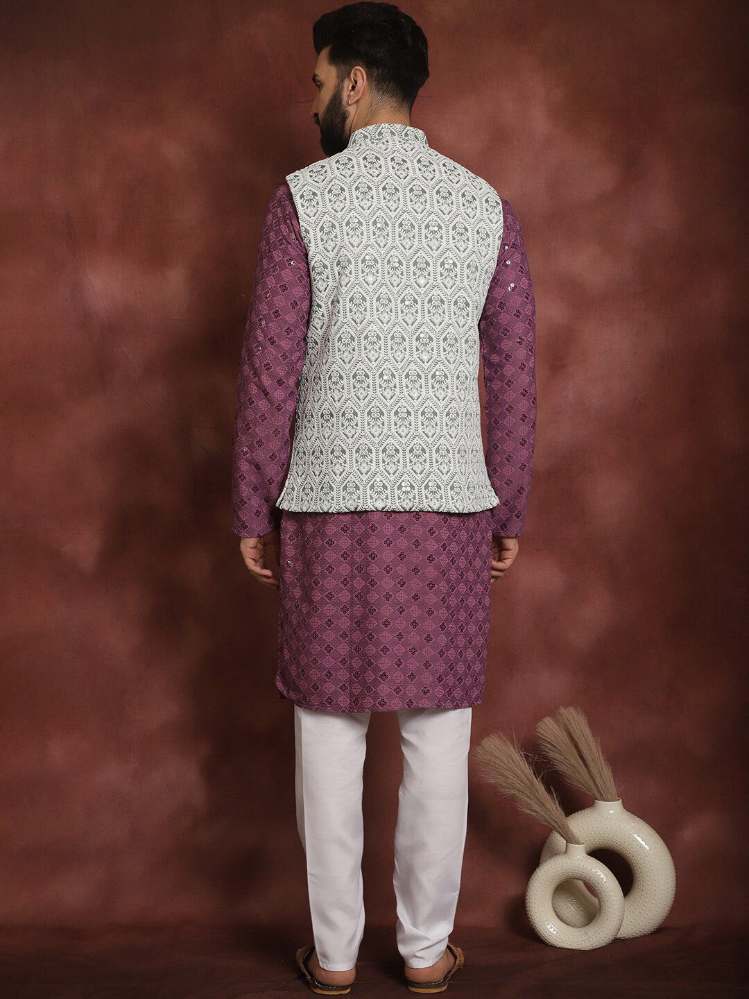 Anouk Thread Work Embroidered Regular Kurta with Churidar & Nehru jacket