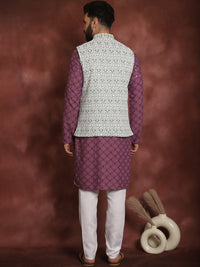 Anouk Thread Work Embroidered Regular Kurta with Churidar & Nehru jacket