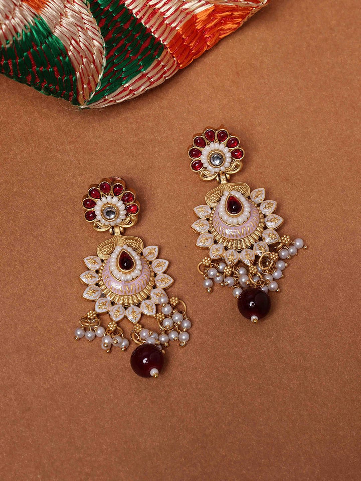 PANASH Gold-Plated Contemporary Stone Studded & Beaded Drop Earrings