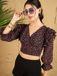 Berrylush Women Floral Printed Puff Sleeve Ruffles Crop Top