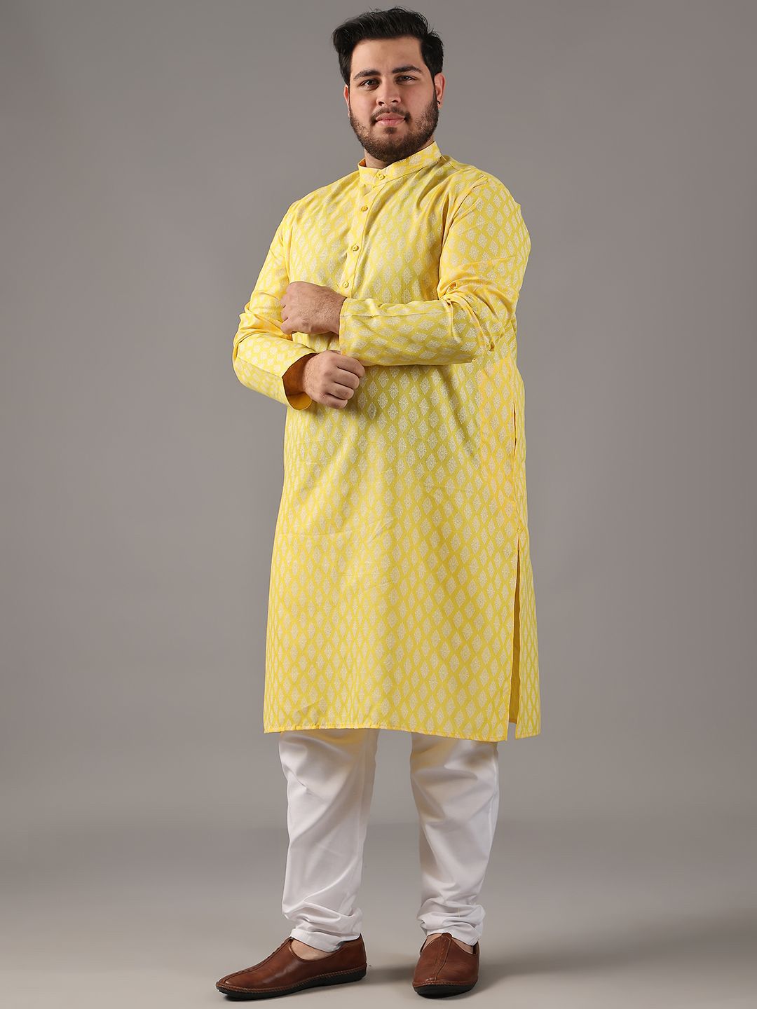 SOJANYA PLUS Plus Size Men Ethnic Motifs Printed Band Collar Straight Kurta With Pyjamas