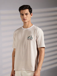 Eszett Drop Shoulder Vintage Ride Cream Striped Embroidered Cotton Round Neck Oversized Fit T-shirt