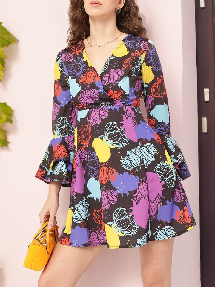 DressBerry Funky Florals Printed Bell Sleeve Mini A-line Dress