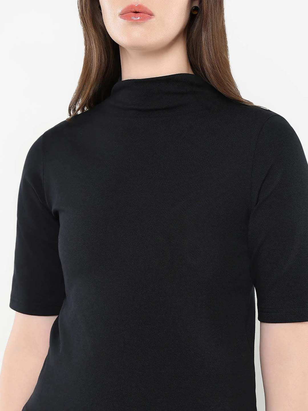 RAREISM Women Solid High Neck Cotton Top