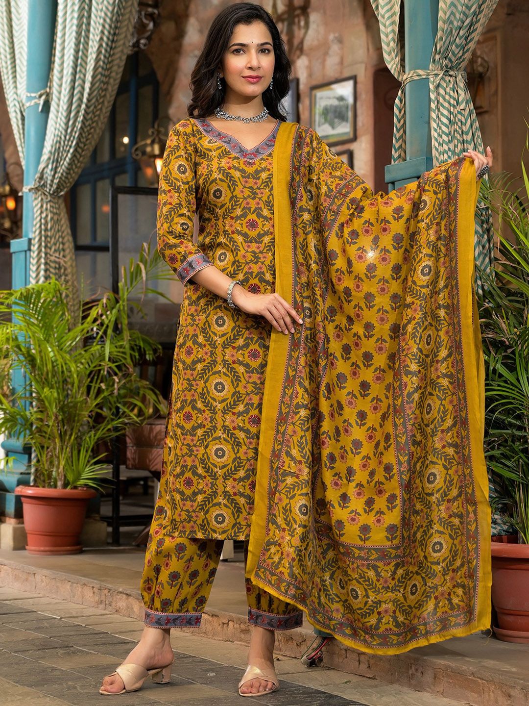 KALINI Floral Printed V Neck Straight Kurta With Salwar & Dupatta
