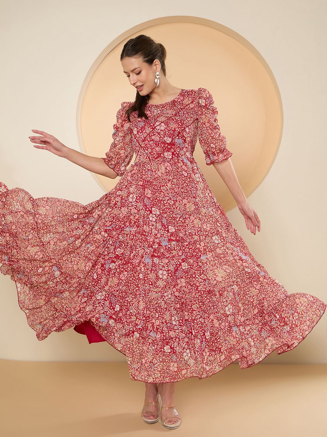 Antheaa Floral Print Puff Sleeve Chiffon Fit & Flare Embellished Maxi Dress