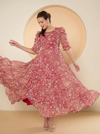Antheaa Floral Print Puff Sleeve Chiffon Fit & Flare Embellished Maxi Dress