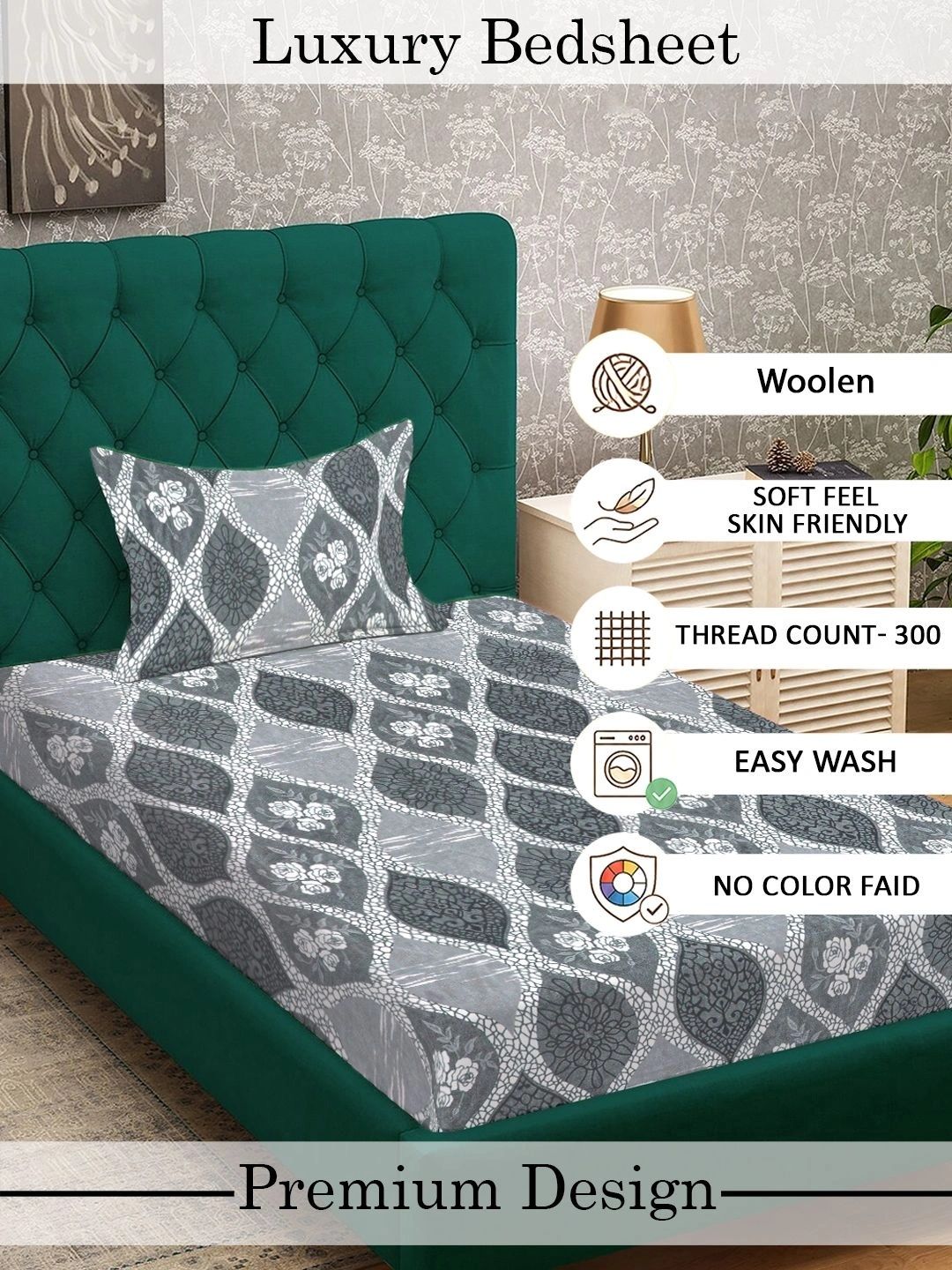 Myntra Elegant Homes Grey Geometric Wool 300 TC Single Bedsheet Set- 225X150 cm